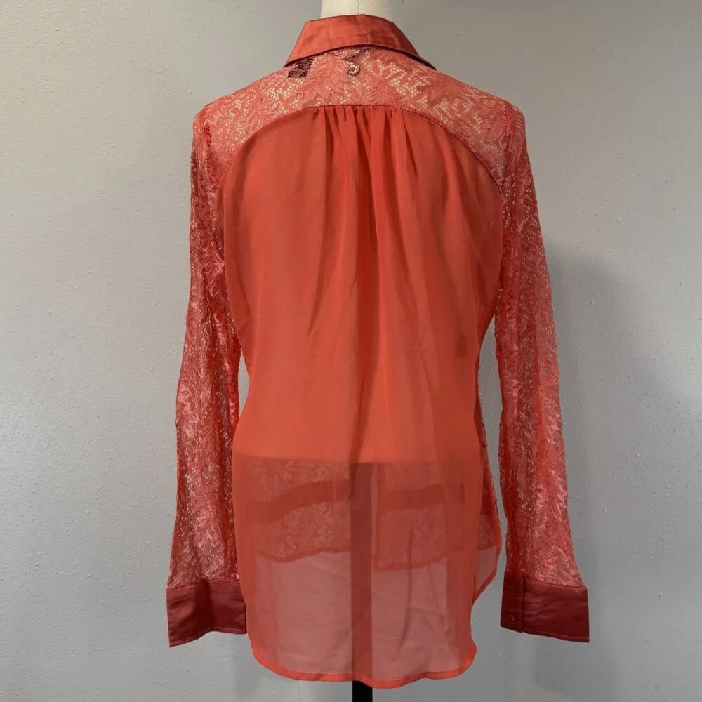 BKE Boutique Sheer Blouse Womens Sz Medium Stripe Lace Long Sleeve Coral Orange - Picture 2 of 15